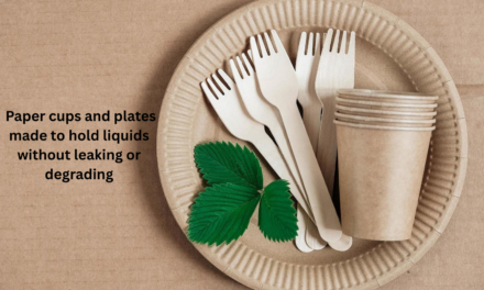 How are paper cups and plates made to hold liquids without leaking or degrading?