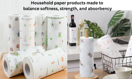 How are household paper products made to balance softness, strength, and absorbency?
