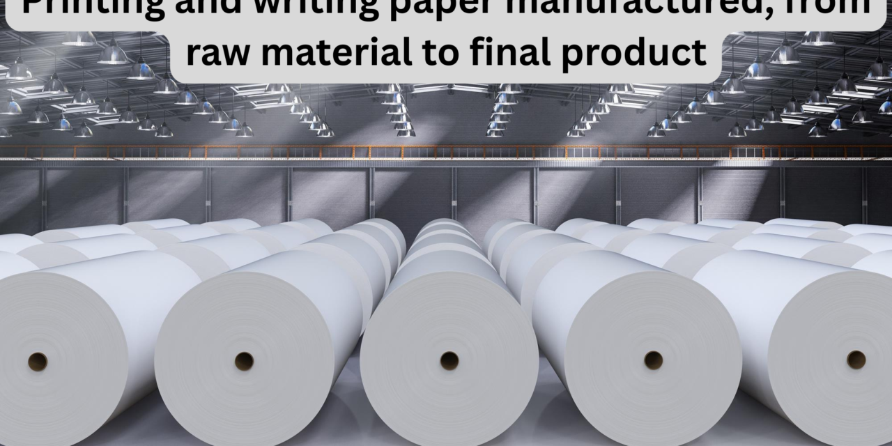 How is printing and writing paper manufactured, from raw material to final product?