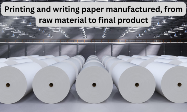 How is printing and writing paper manufactured, from raw material to final product?